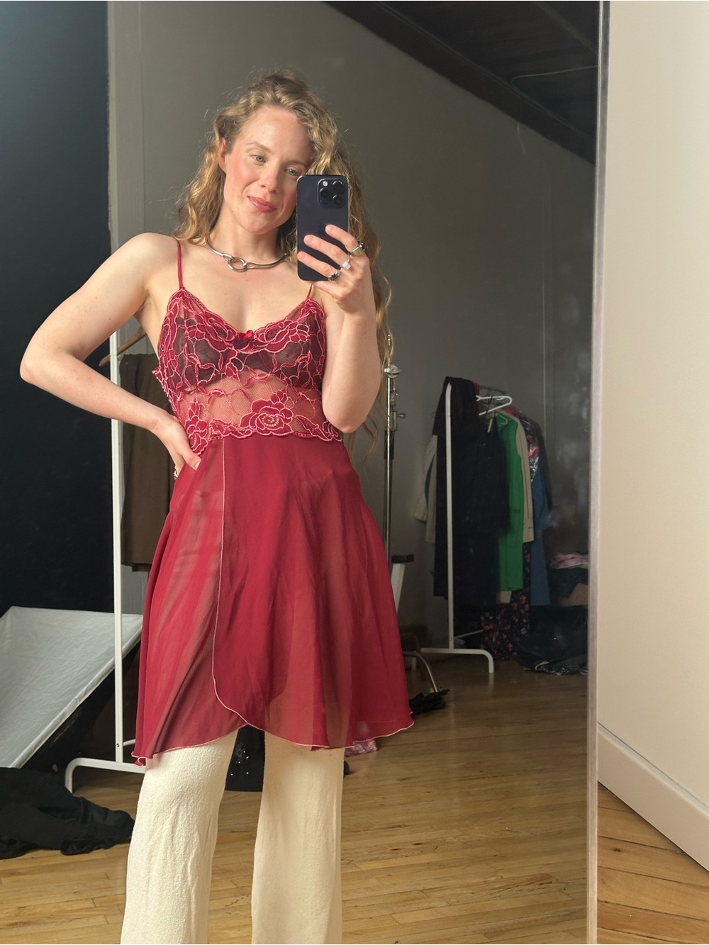 Sheer Lace Babydoll Slip Dress in Deep Red